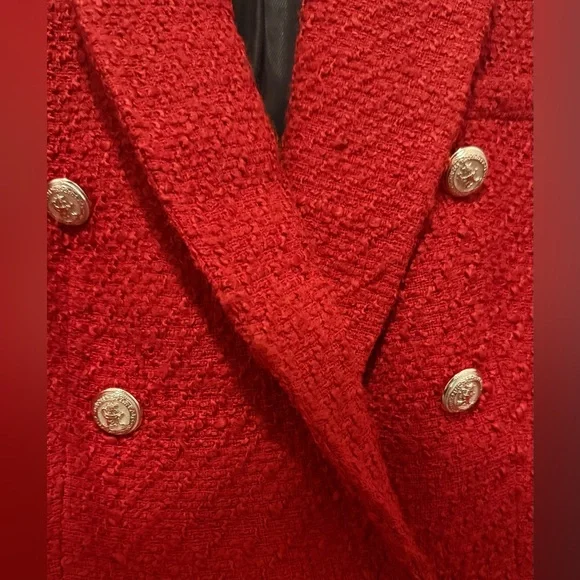 Zara Red Tweed Blazer with Metallic Buttons - Picture 3 of 4